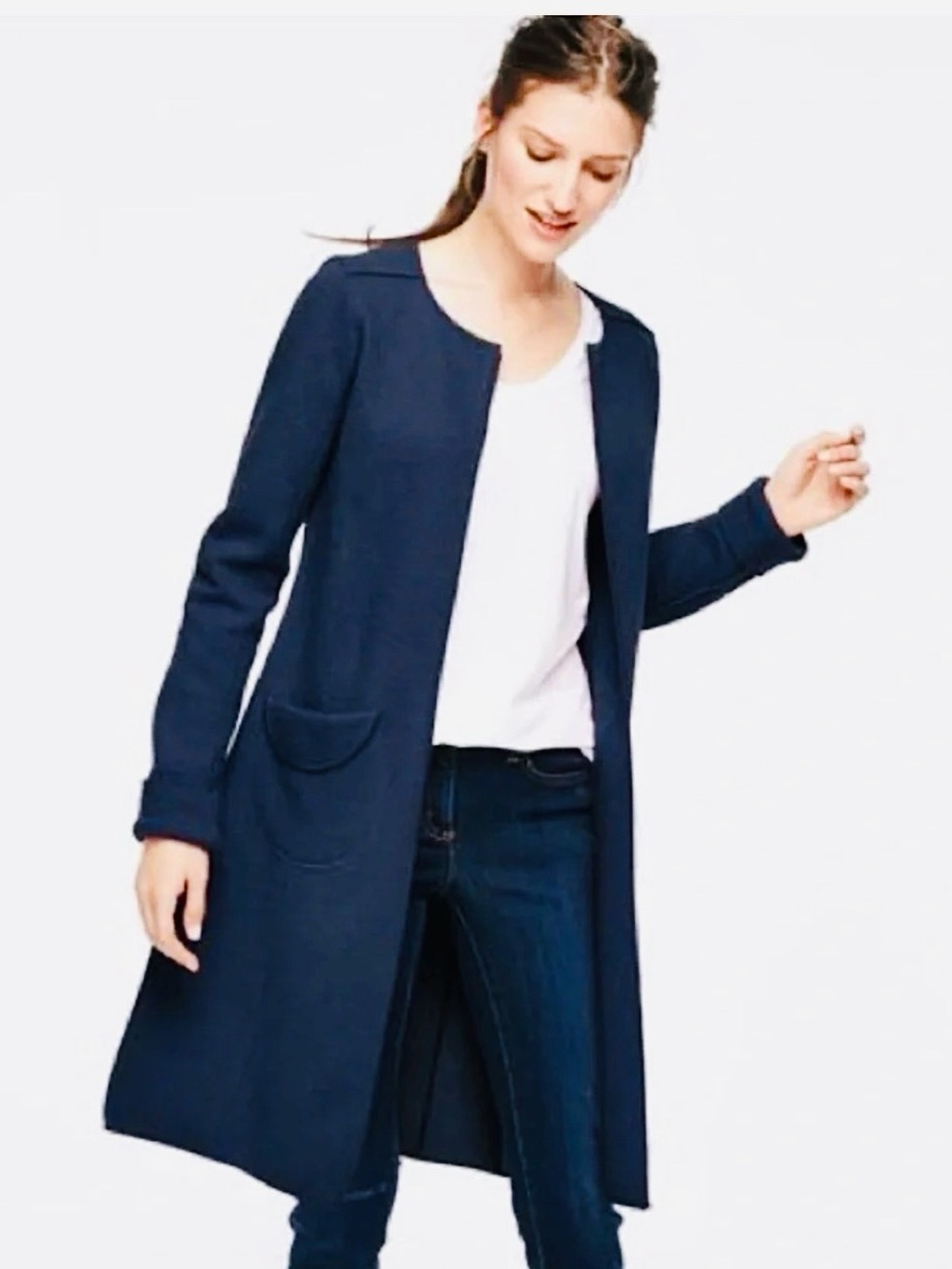 Boden 100% Wool Long Open-Front Navy Coatigan Jacket Size 16 Fall Minimalist